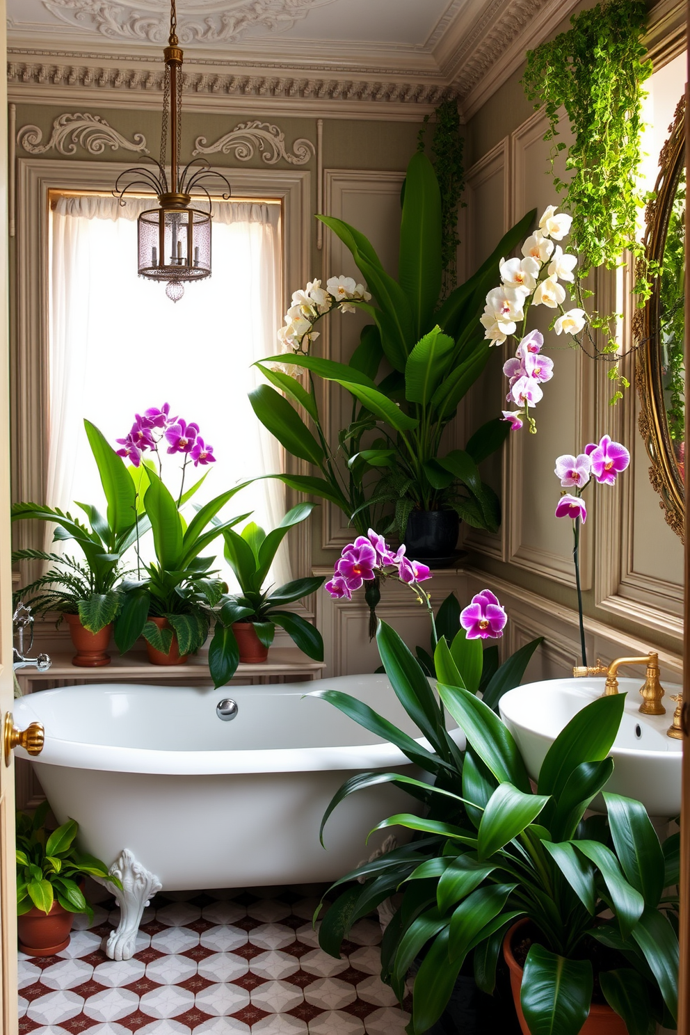 A Victorian bathroom adorned with lush potted plants brings a natural touch to the space. The room features intricate moldings and vintage fixtures, creating an elegant atmosphere filled with greenery. Large ferns and vibrant orchids are strategically placed around the bathtub and windowsill. Soft light filters through sheer curtains, highlighting the rich textures of the plants and the opulent decor.