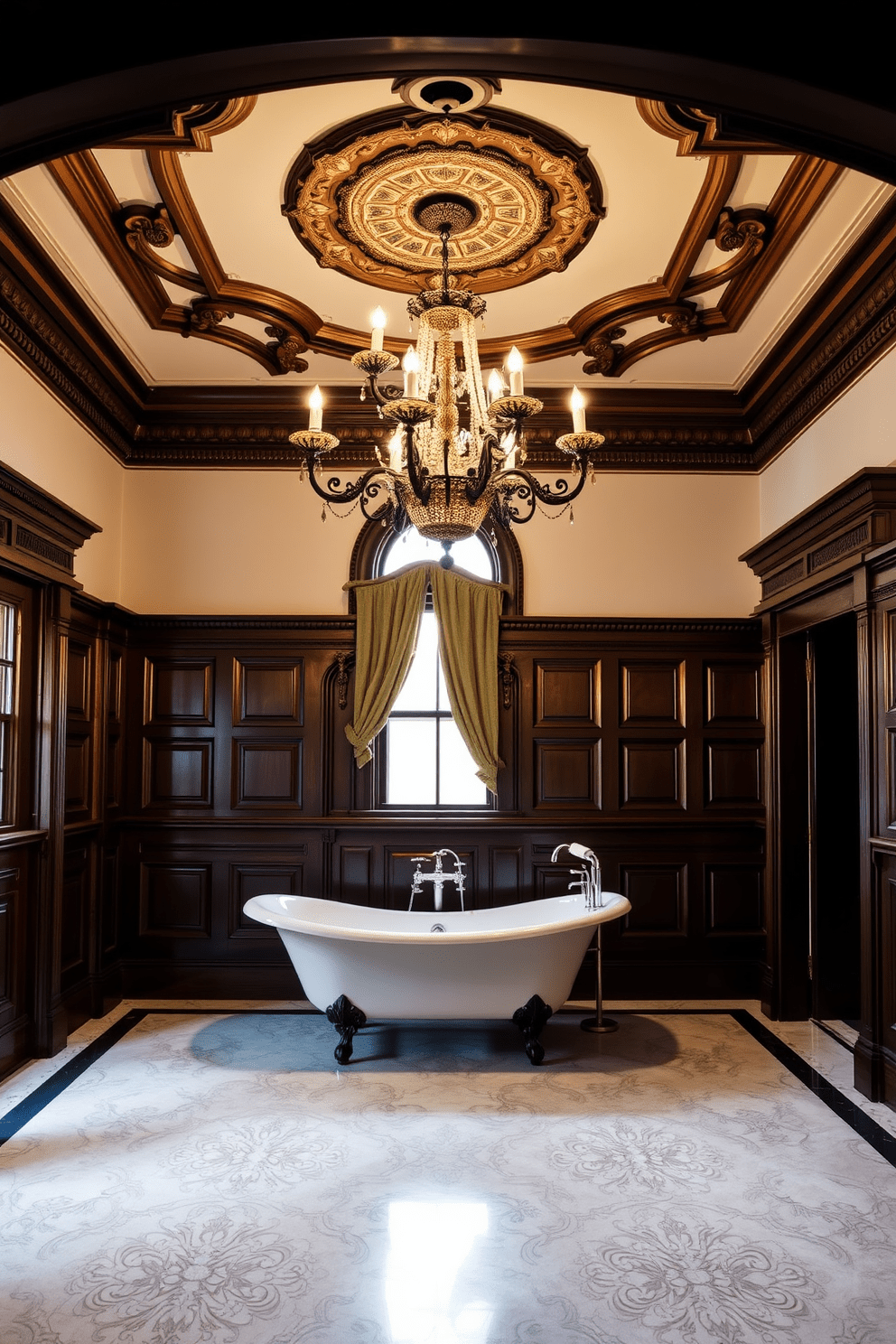 A grand Victorian bathroom featuring an ornate chandelier as the focal point overhead. The space is adorned with intricate moldings and rich, dark wood accents, complemented by a clawfoot bathtub and vintage fixtures.