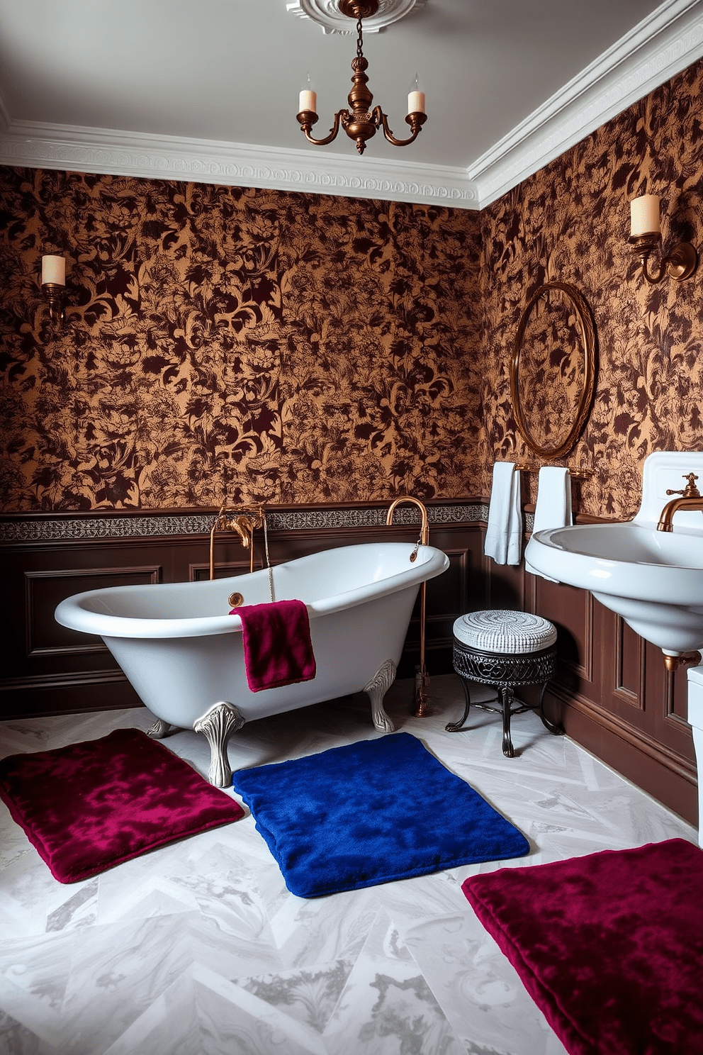 A Victorian bathroom features intricately designed fixtures with a clawfoot tub as the centerpiece. Richly colored bath mats in deep burgundy and royal blue add comfort and elegance to the space. The walls are adorned with ornate wallpaper, showcasing floral patterns that complement the vintage aesthetic. Antique brass accents on the faucets and light fixtures enhance the luxurious atmosphere of this timeless design.