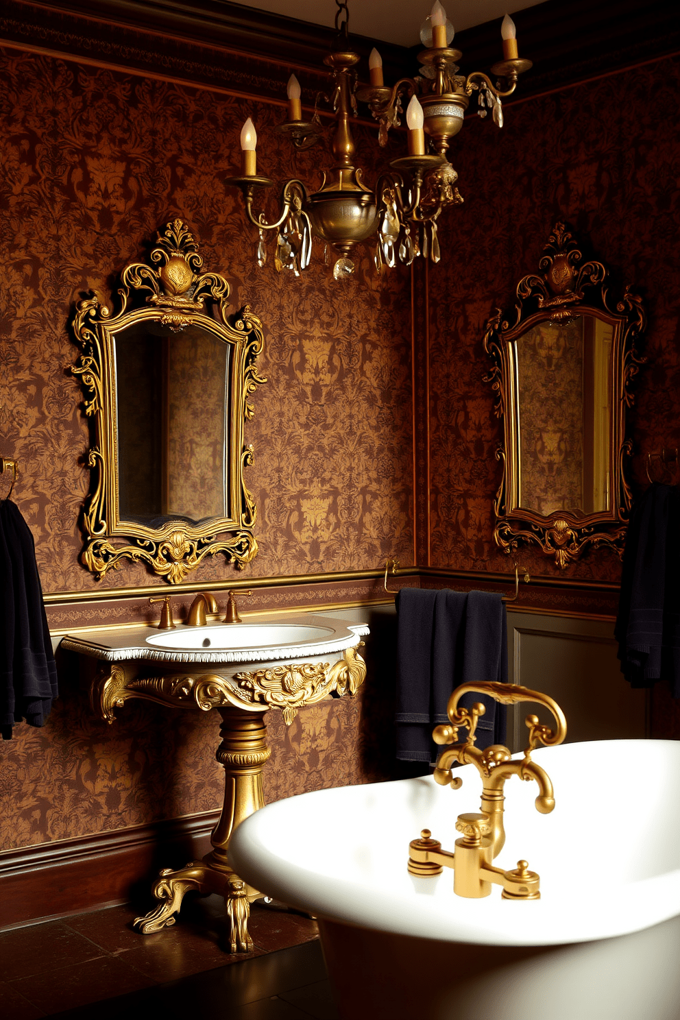 Ornate pedestal sink with intricate gold accents stands as the centerpiece of a luxurious Victorian bathroom. The walls are adorned with rich, patterned wallpaper, and a vintage chandelier hangs from the ceiling, casting a warm glow over the space. Antique-style mirrors with ornate frames reflect the elegance of the room, while plush towels in deep jewel tones are neatly arranged on a nearby brass towel rack. A clawfoot bathtub with gold fixtures completes the opulent atmosphere, inviting relaxation and indulgence.