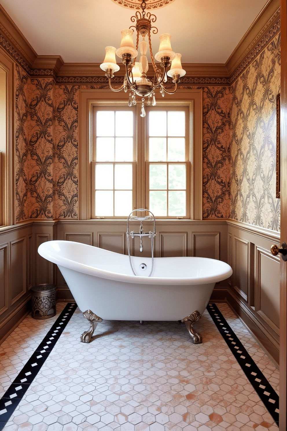 A Victorian bathroom featuring a clawfoot tub surrounded by a traditional hex tile border. The walls are adorned with intricate wainscoting and a vintage chandelier hangs from the ceiling.