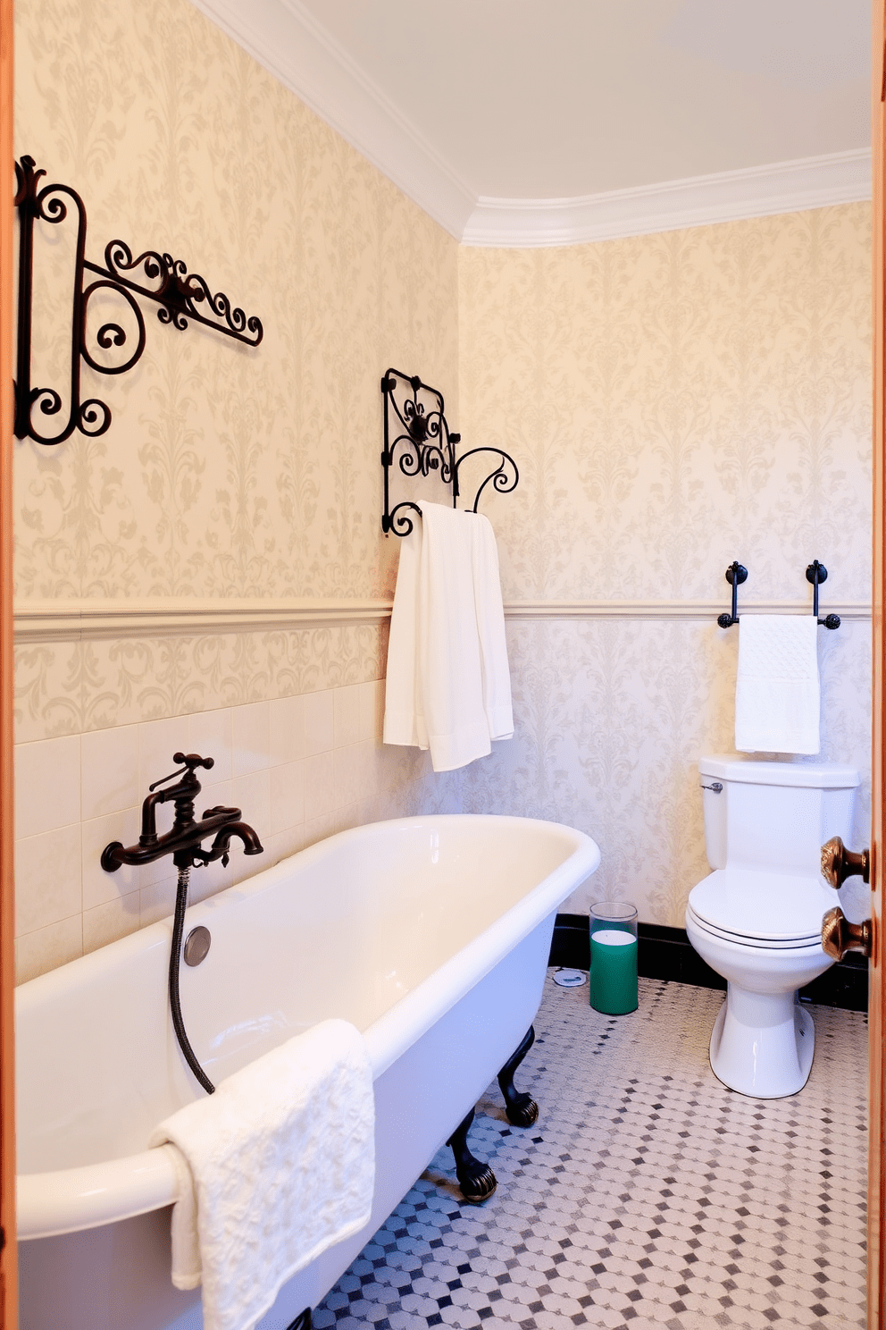 A charming Victorian bathroom featuring wrought iron towel racks that add a touch of vintage elegance. The walls are adorned with intricate wallpaper in soft pastel hues, complemented by a clawfoot bathtub and ornate fixtures.