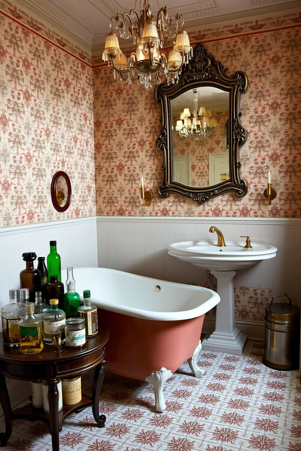 A Victorian bathroom featuring an artful display of vintage toiletries. The room is adorned with intricate wallpaper, and a clawfoot tub sits elegantly in the center, surrounded by antique brass fixtures. A wooden side table holds an assortment of vintage bottles and jars, showcasing their unique shapes and colors. A large ornate mirror hangs above a pedestal sink, reflecting the soft glow of a chandelier above.