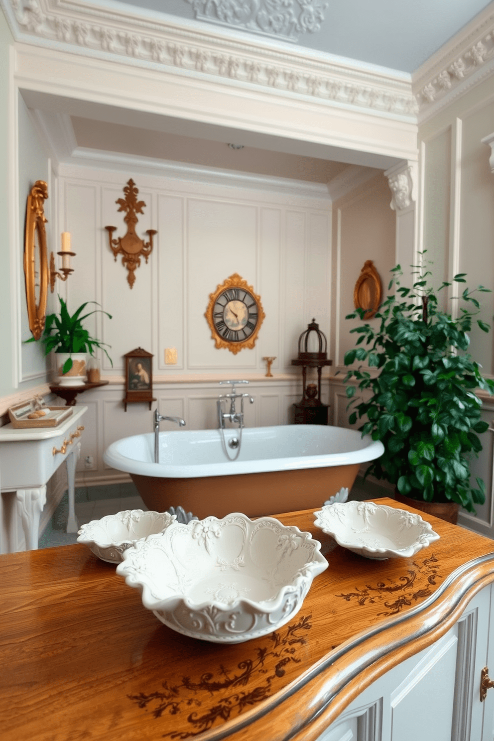 A Victorian bathroom setting featuring decorative soap dishes with intricate designs. The soap dishes are placed on a vintage wooden countertop adorned with elegant floral patterns. The walls are painted in a soft pastel color, complemented by ornate crown molding. A clawfoot bathtub sits prominently in the room, surrounded by lush greenery and vintage decor.