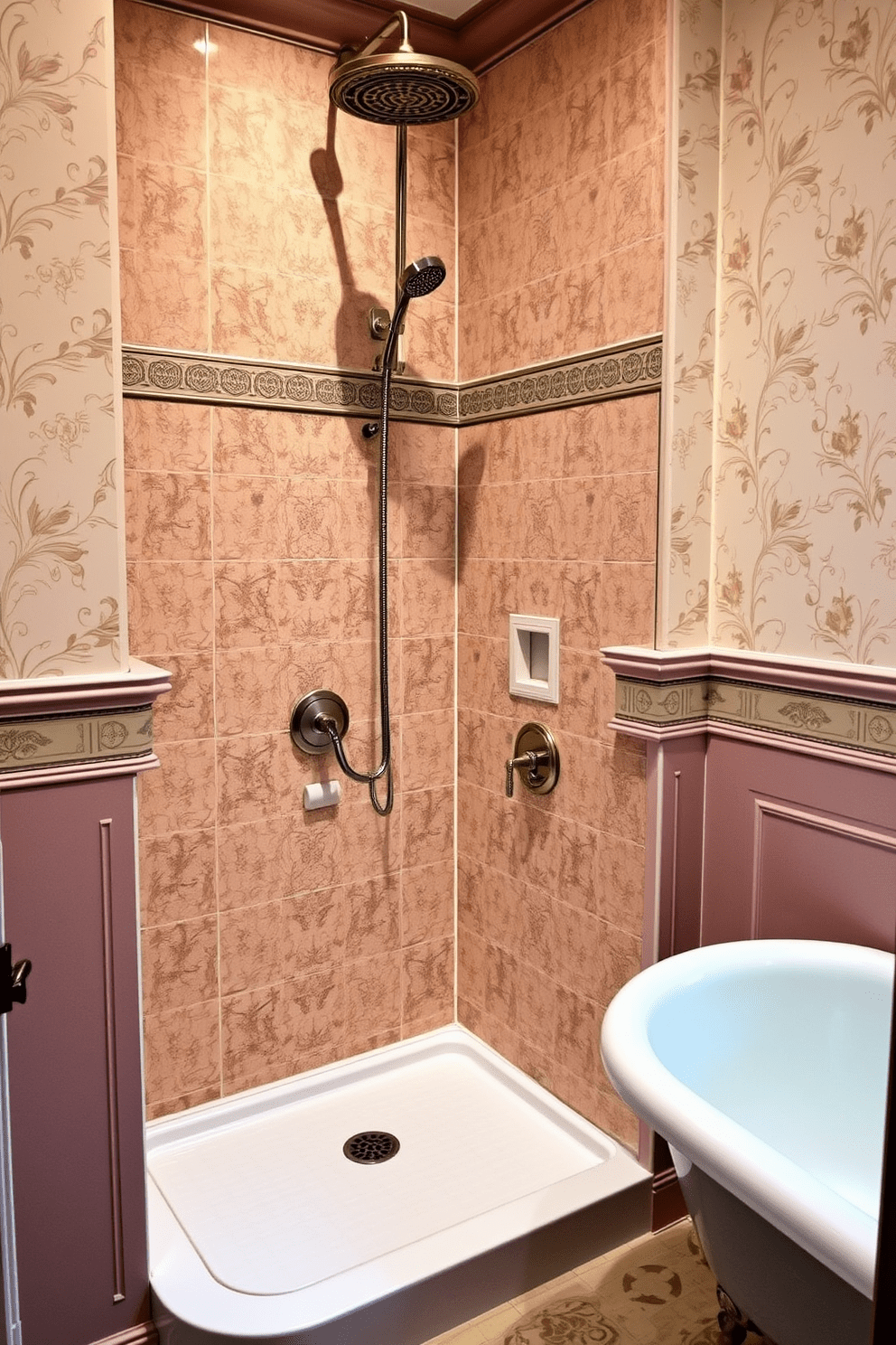 A classic shower features a rain showerhead elegantly positioned above, surrounded by intricate tile work that reflects Victorian aesthetics. The walls are adorned with vintage wallpaper in soft pastel hues, and a freestanding clawfoot tub rests nearby, adding a touch of luxury to the space.