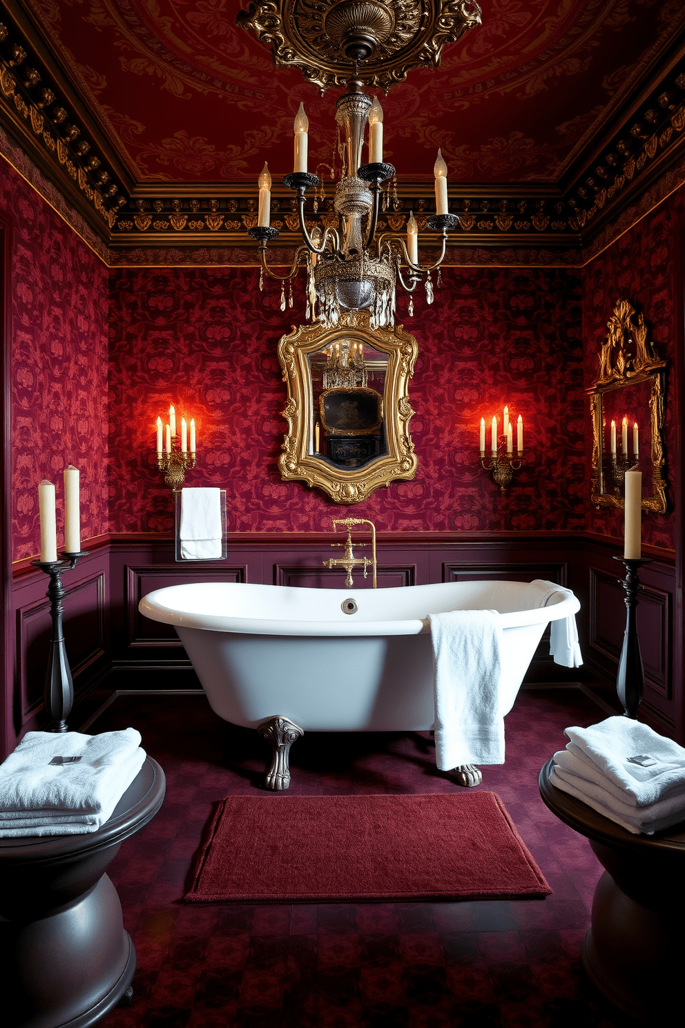 A luxurious Victorian bathroom featuring a warm color palette with deep hues. The walls are adorned with rich burgundy wallpaper and intricate gold accents, creating an opulent atmosphere. A freestanding clawfoot bathtub sits in the center, surrounded by elegant candle holders and plush towels. Antique fixtures and a vintage chandelier add to the timeless charm of the space.