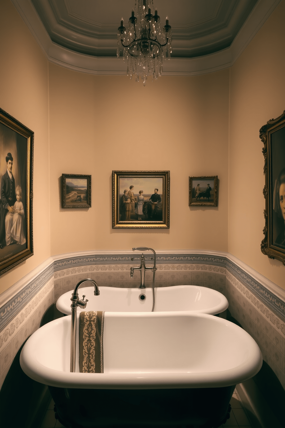 A luxurious Victorian bathroom featuring framed art prints of Victorian scenes adorning the walls. The space includes a freestanding clawfoot tub with a polished brass faucet, surrounded by intricate tile work and soft, ambient lighting.