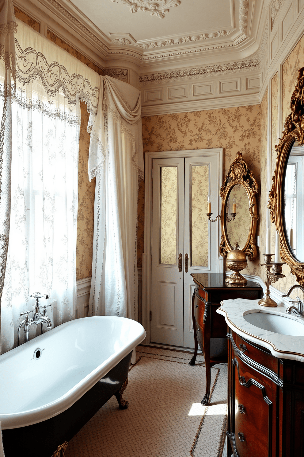 A Victorian bathroom adorned with lace curtains that gently filter sunlight, creating a soft and inviting ambiance. The room features an ornate clawfoot tub, complemented by vintage fixtures and intricate moldings on the walls. Elegant wallpaper with floral patterns adds a touch of sophistication, while a polished wooden vanity showcases a marble sink. Antique accessories, such as a gilded mirror and decorative candle holders, enhance the luxurious feel of the space.