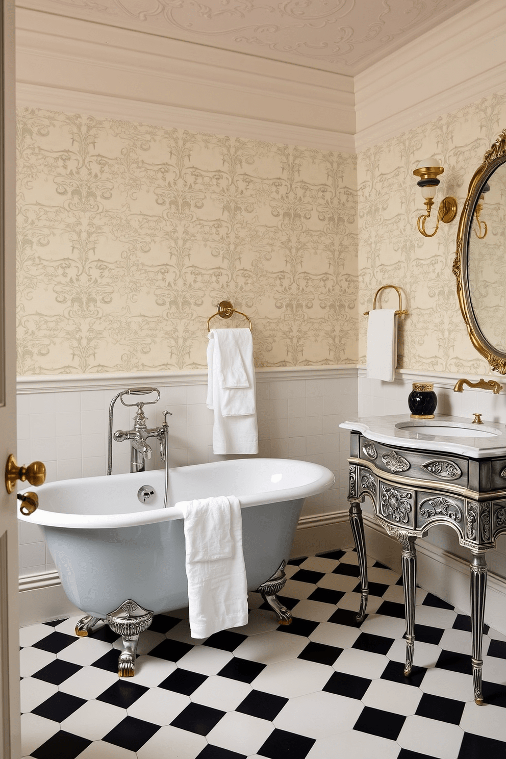 A vintage-inspired bathroom featuring elegant chrome bath accessories that evoke a sense of timeless luxury. The space includes a freestanding clawfoot bathtub, complemented by a vintage-style faucet and ornate towel racks. The walls are adorned with intricate wallpaper in soft pastel hues, while the floors are covered with classic black and white checkered tiles. A decorative vanity with a marble top and antique brass fixtures adds to the overall charm of the Victorian design.