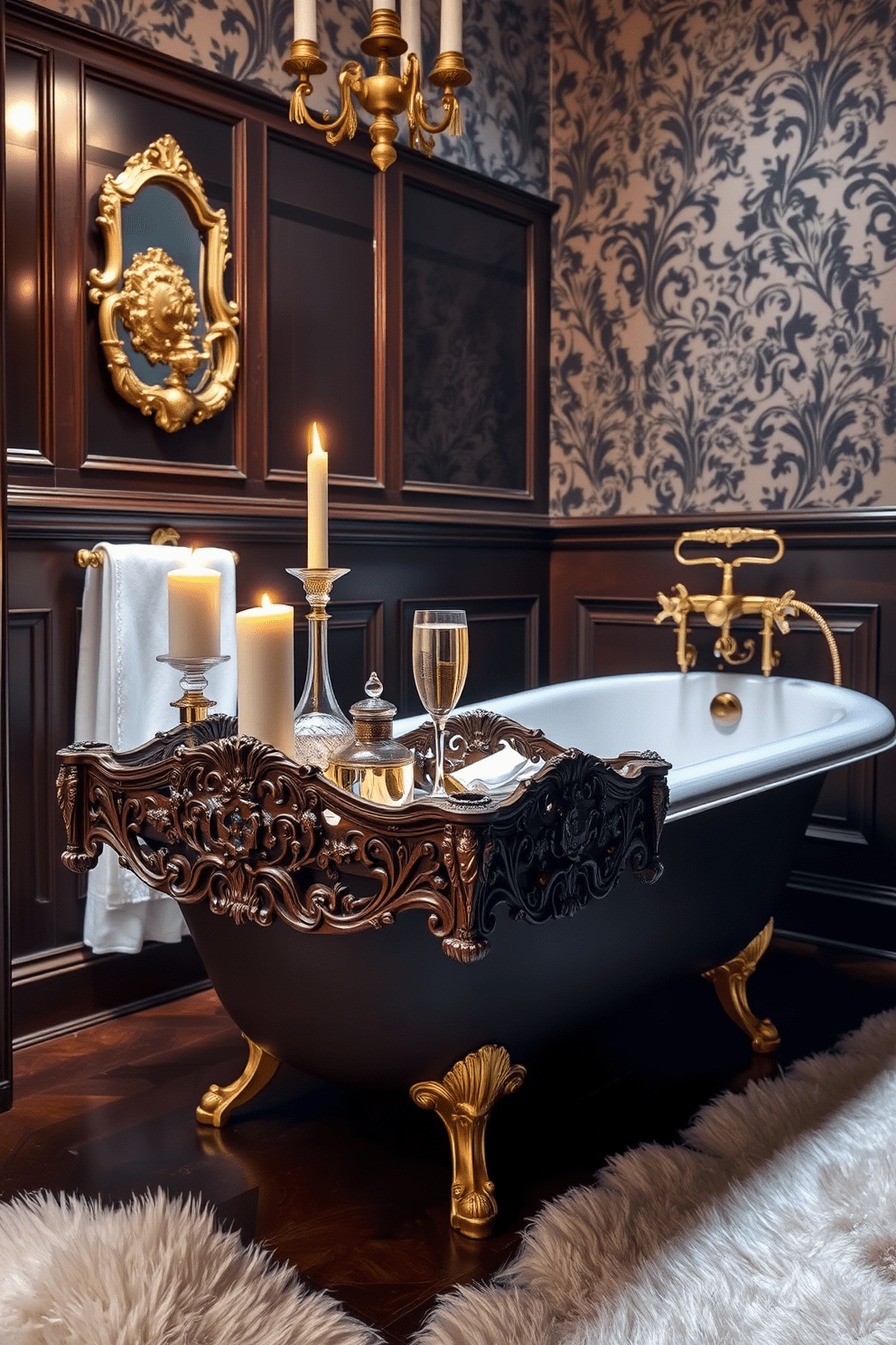 A luxurious Victorian bathroom featuring an ornate bath caddy made of intricately carved wood. The caddy is adorned with decorative elements and holds a selection of scented candles and a glass of champagne. The freestanding clawfoot bathtub is surrounded by rich, dark wood paneling and opulent gold fixtures. Elegant wallpaper with floral patterns complements the vintage style, while a plush area rug adds warmth to the space.