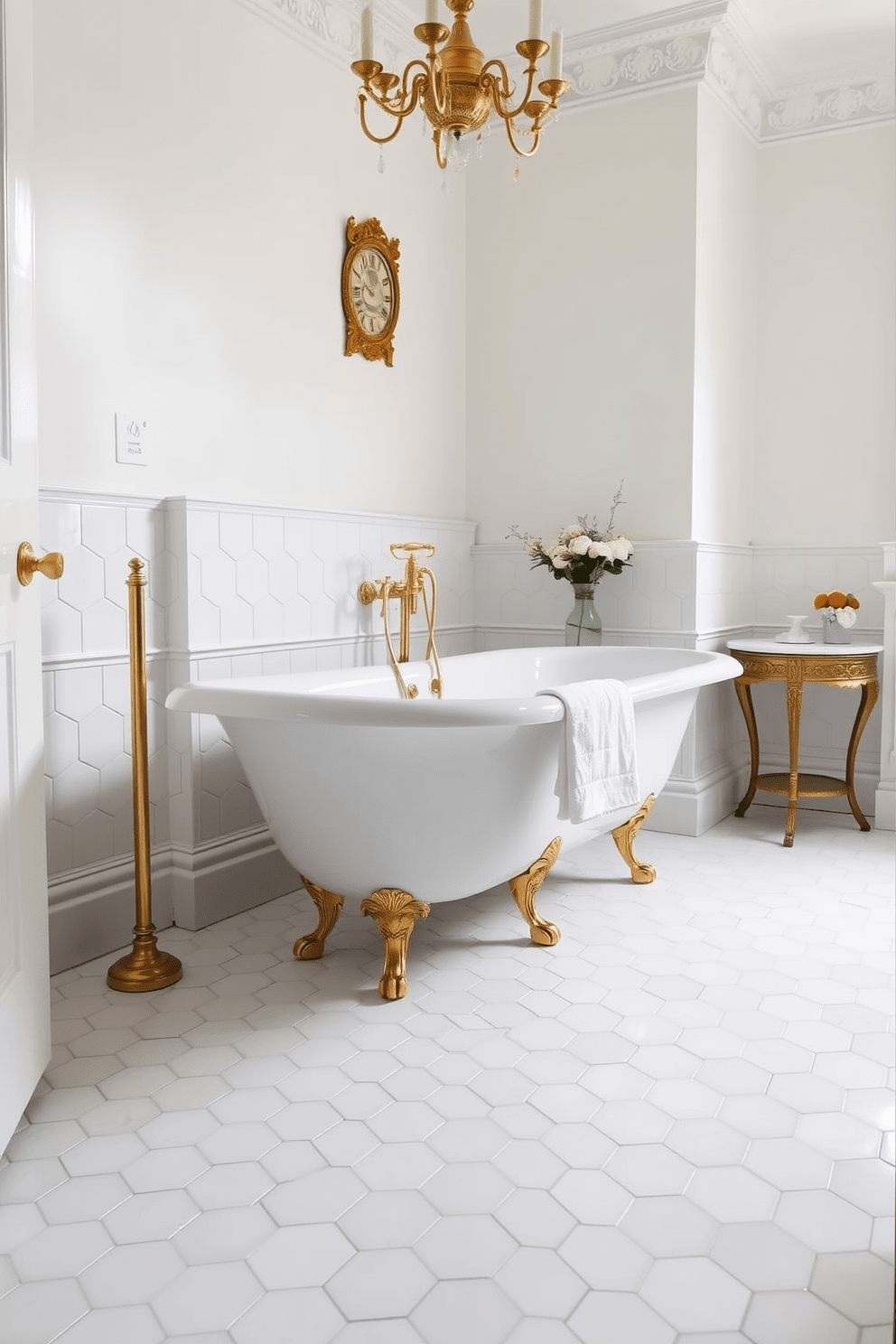 A Victorian bathroom featuring hexagonal patterned floor tiles in white. The space is adorned with a freestanding clawfoot bathtub, complemented by a vintage-style faucet and elegant gold accents throughout.