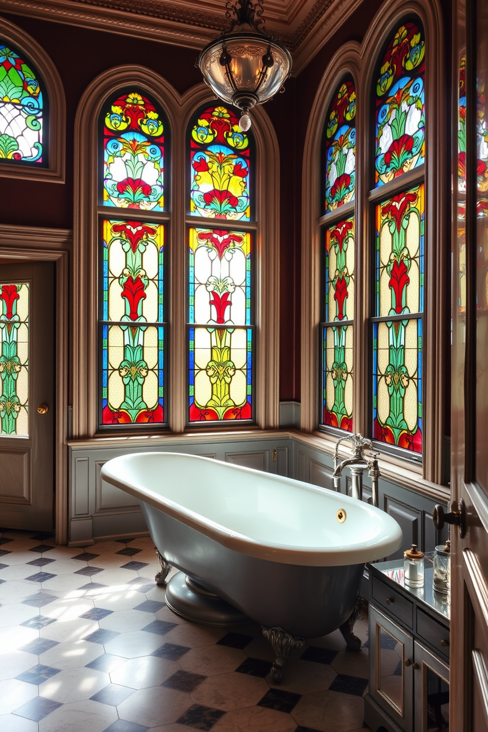 A Victorian bathroom features stunning stained glass windows that cast colorful light across the room. The intricate designs of the glass create a vibrant atmosphere, enhancing the overall elegance of the space. The space includes a freestanding clawfoot bathtub positioned beneath the stained glass, allowing natural light to illuminate the luxurious details. Antique fixtures and ornate moldings complement the rich colors of the glass, creating a harmonious and inviting ambiance.