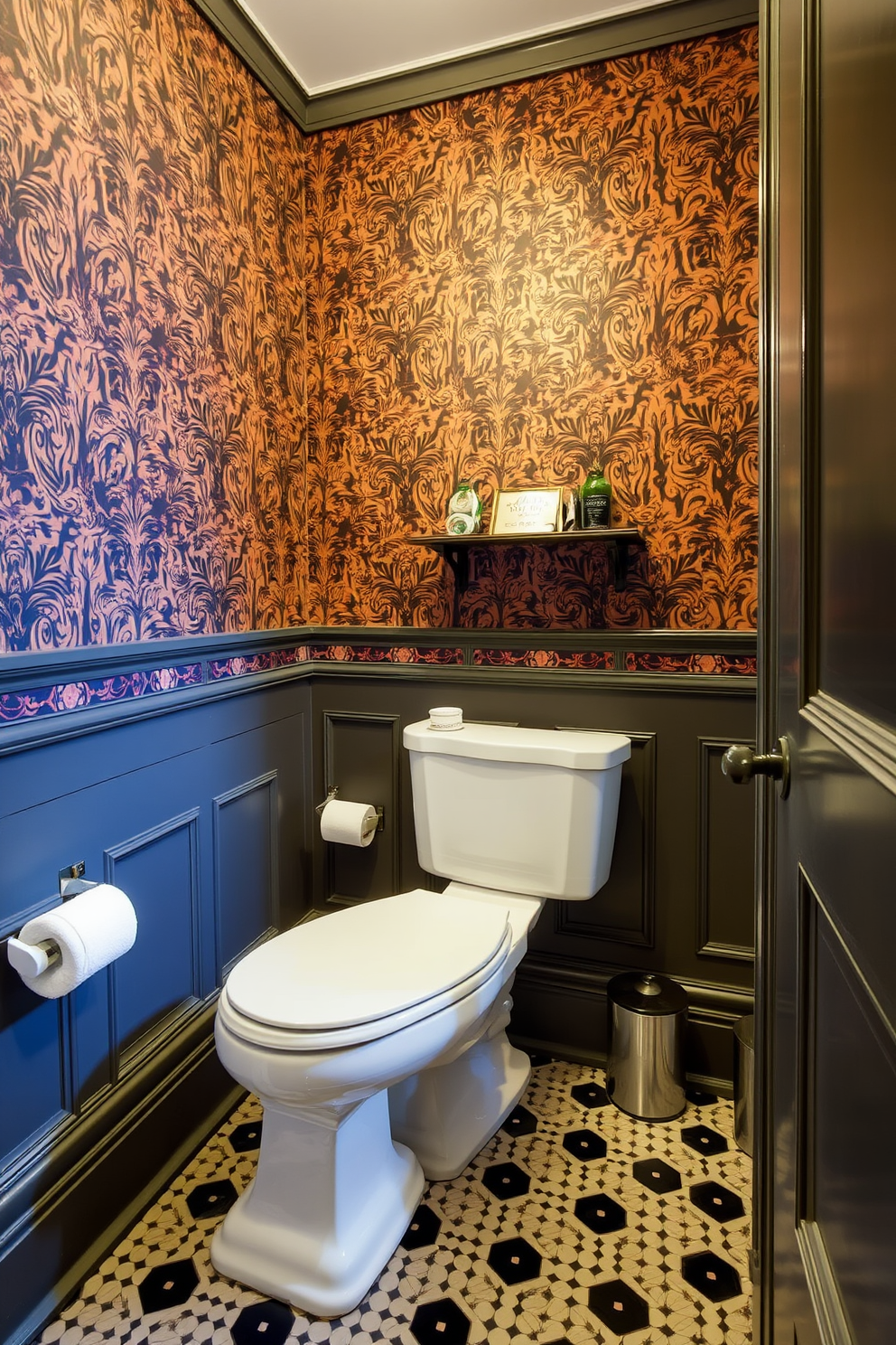 A Victorian bathroom featuring a high tank toilet that adds an authentic vintage touch. The walls are adorned with intricate wallpaper in rich, deep colors, and the floor is covered with elegant black and white hexagonal tiles.