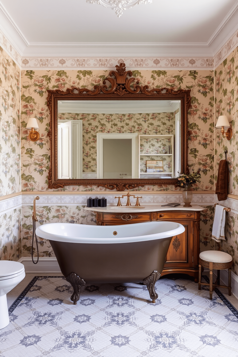 A stunning Victorian bathroom featuring a freestanding bathtub as the centerpiece. The bathtub is elegantly shaped with clawfoot legs and surrounded by intricate tile work and vintage accessories. Richly detailed wallpaper adorns the walls, showcasing floral patterns in soft pastel colors. A large, ornate mirror hangs above a wooden vanity with antique brass fixtures, completing the luxurious ambiance.