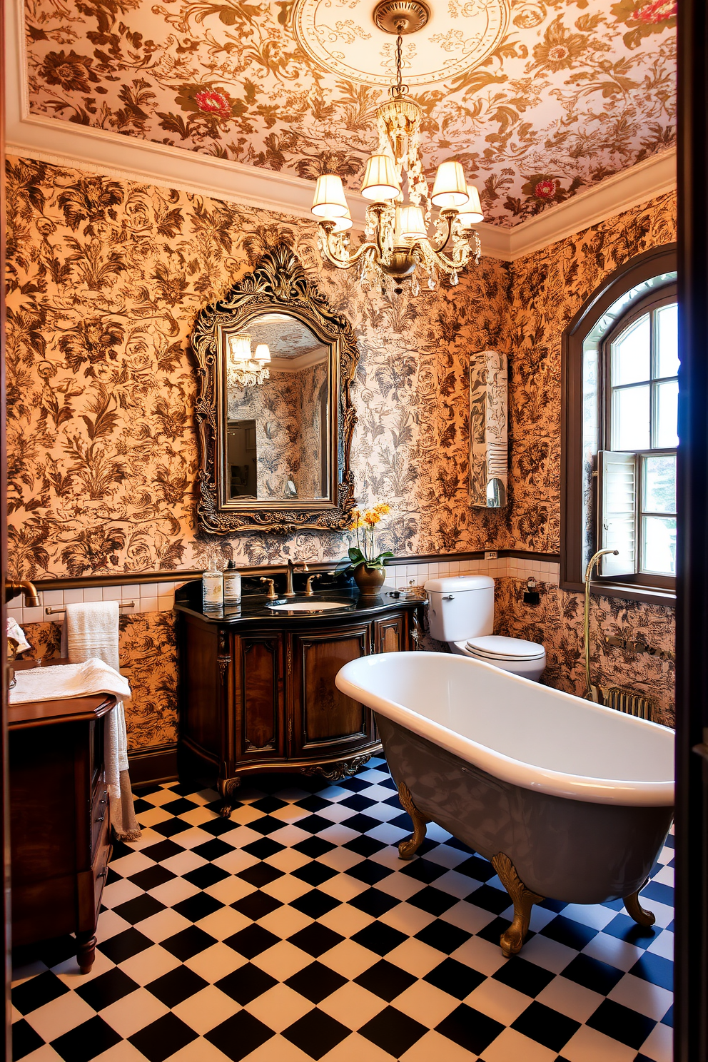 A Victorian bathroom adorned with intricate floral wallpaper that adds a touch of elegance to the space. The room features a clawfoot bathtub with gold fixtures and a vintage wooden vanity that complements the wallpaper beautifully. The flooring is a classic black and white checkerboard tile, enhancing the timeless appeal of the design. A large ornate mirror hangs above the vanity, reflecting the soft glow of a chandelier that adds warmth to the atmosphere.