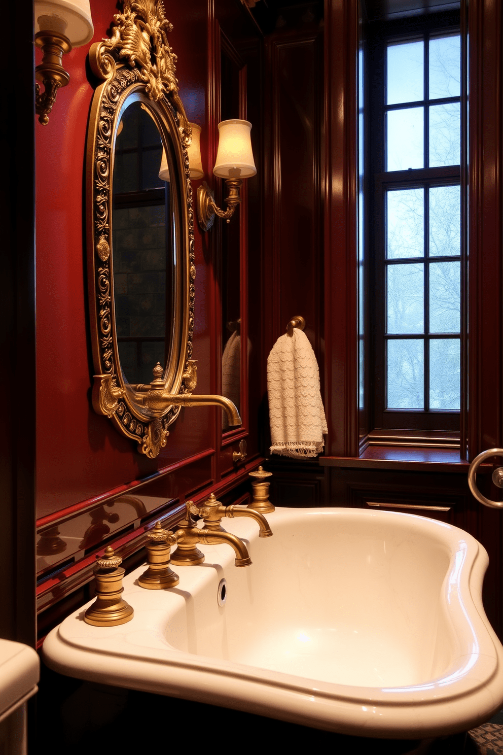 A luxurious Victorian bathroom features elegant brass faucets with intricate traditional styling. The space is adorned with rich, deep colors and ornate details, creating a warm and inviting atmosphere.