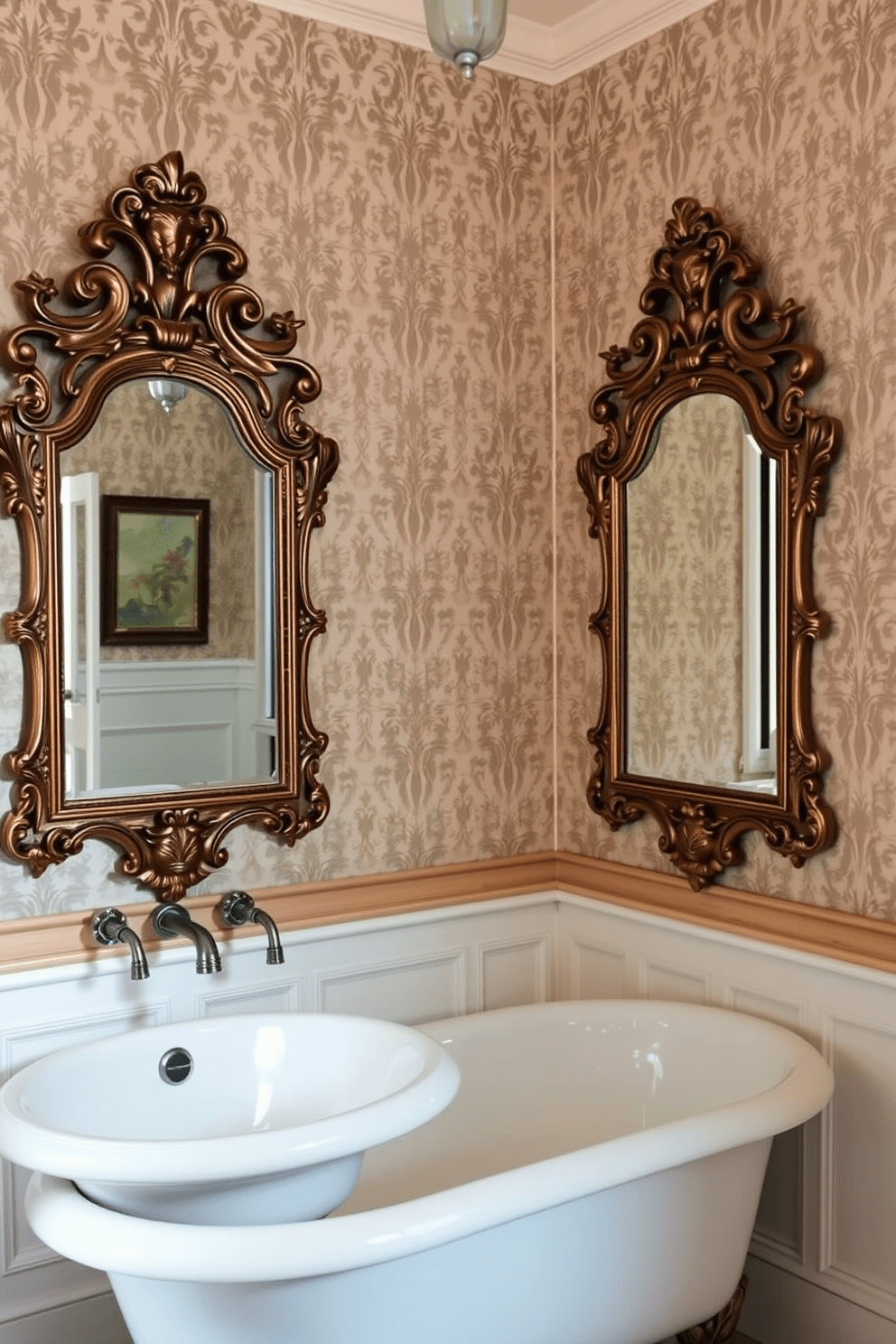 A Victorian bathroom features a pair of decorative mirrors with ornate frames that enhance the elegance of the space. The walls are adorned with intricate wallpaper, and a clawfoot bathtub sits prominently in the center, surrounded by vintage fixtures.