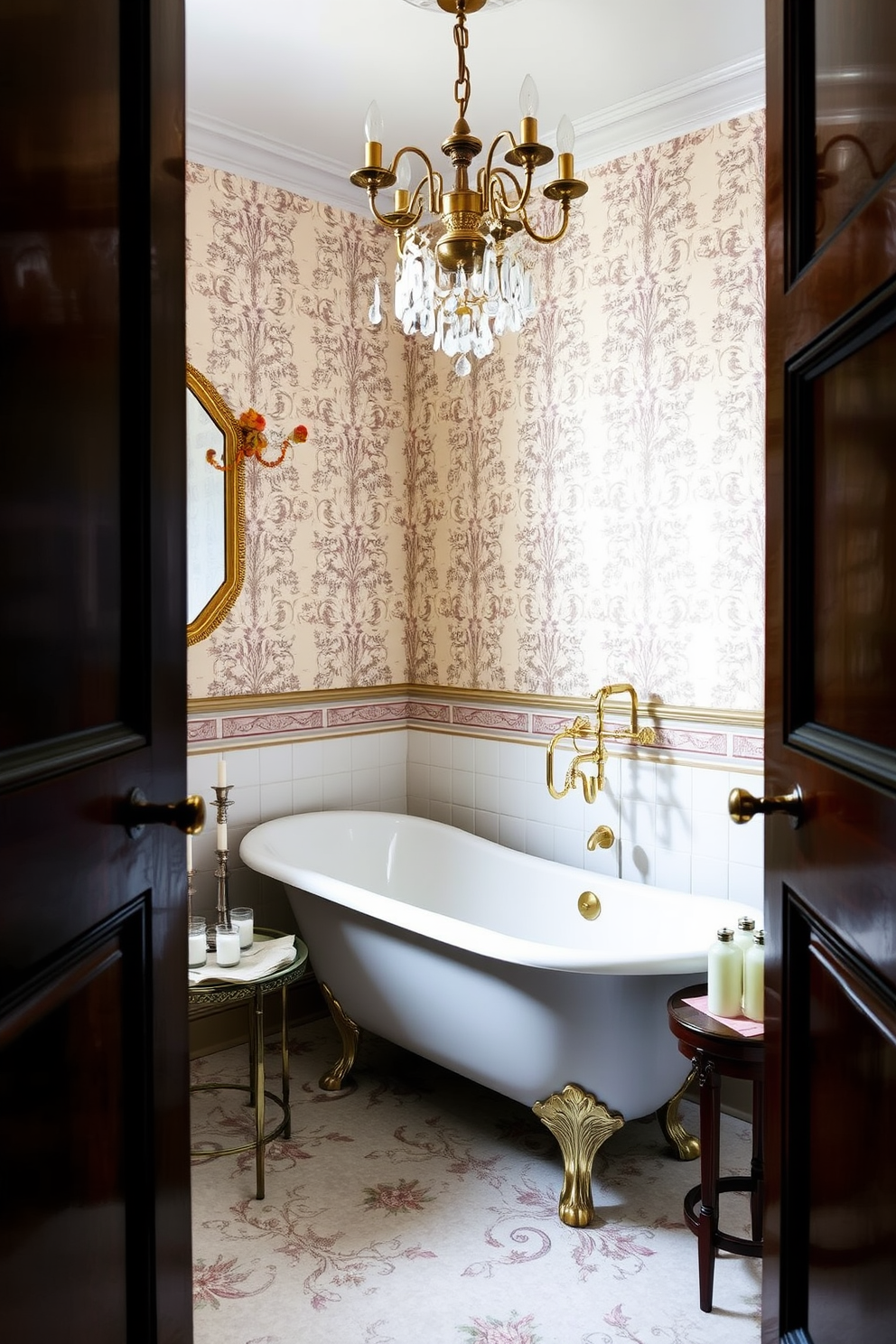 An elegant clawfoot bathtub sits as the centerpiece of the Victorian powder room, surrounded by intricate wallpaper featuring floral patterns. The space is adorned with vintage brass fixtures and a chandelier that adds a touch of glamour to the ambiance. Rich, dark wood accents complement the soft pastel color palette, creating a warm and inviting atmosphere. A small side table holds scented candles and luxurious bath products, enhancing the overall experience of relaxation and elegance.