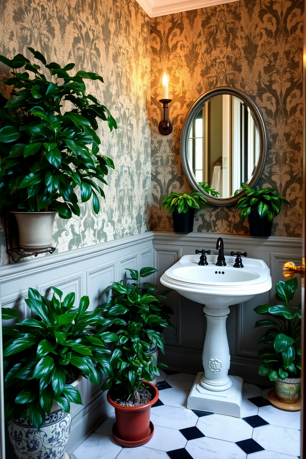 A Victorian powder room filled with lush greenery in decorative pots. The walls are adorned with intricate wallpaper featuring floral patterns, and a vintage pedestal sink sits elegantly in the corner.