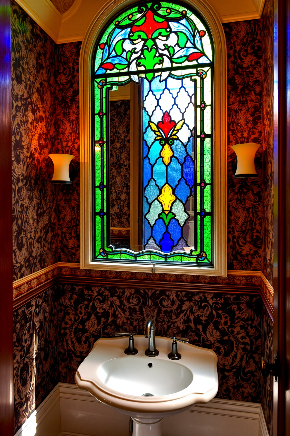 A Victorian powder room adorned with stained glass accents that cast colorful light throughout the space. The walls are rich with intricate wallpaper patterns, and a vintage pedestal sink adds a classic touch. A large stained glass window serves as the focal point, illuminating the room with vibrant hues. Elegant sconces on either side of the mirror provide additional soft lighting, enhancing the room's luxurious feel.