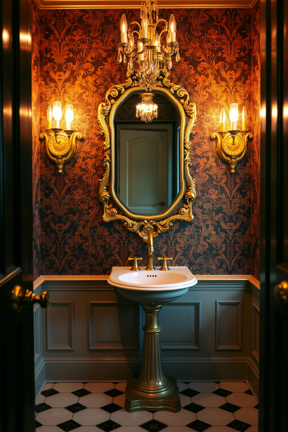 A luxurious Victorian powder room featuring ornate gold fixtures that enhance the elegance of the space. The walls are adorned with rich, deep colors and intricate wallpaper patterns, creating a warm and inviting atmosphere. A vintage pedestal sink with a porcelain finish sits at the center, complemented by an antique-style gold faucet. Elegant sconces with crystal accents illuminate the room, casting a soft glow over the beautifully tiled floor.