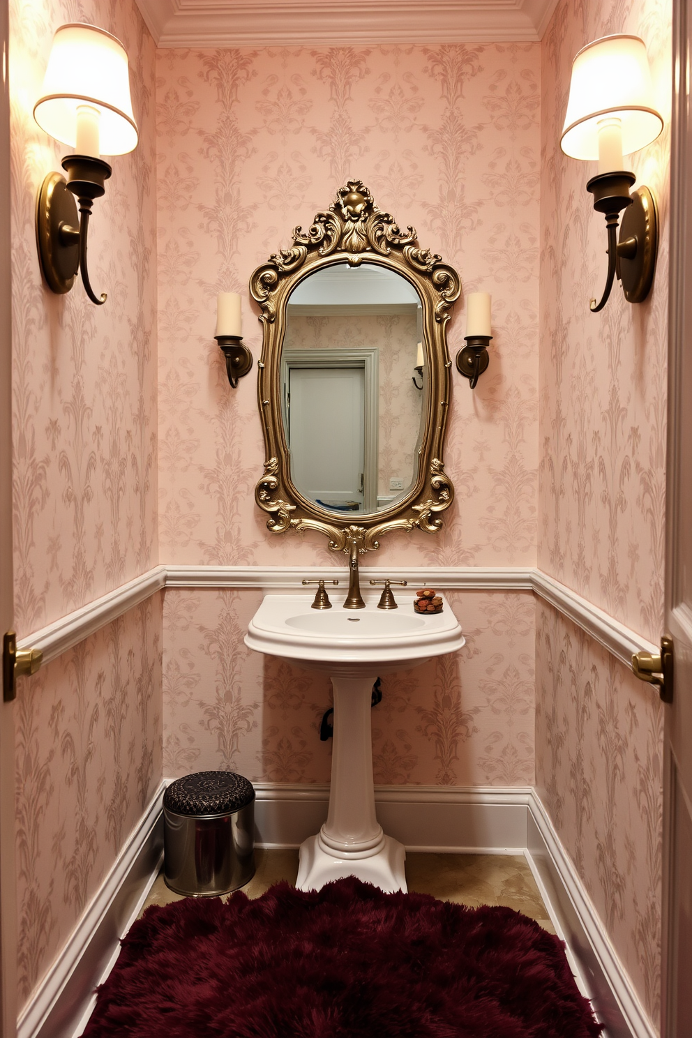 A vintage-inspired powder room featuring elegant damask wallpaper in soft pastel colors. The room is adorned with a classic pedestal sink and a freestanding mirror with intricate detailing. Antique sconces provide warm lighting, enhancing the room's charm. A plush area rug in rich hues complements the overall vintage aesthetic, creating a cozy atmosphere.