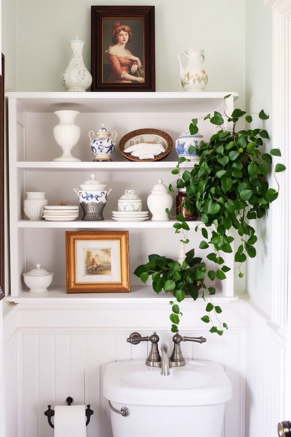 Open shelving elegantly showcases decorative items in a Victorian powder room. The shelves are adorned with vintage porcelain pieces, framed artwork, and lush greenery, creating a charming and inviting atmosphere.