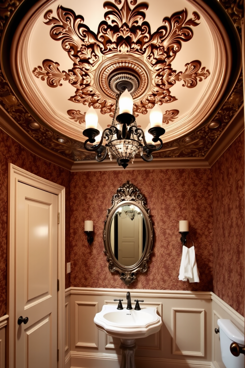 A luxurious Victorian powder room features an ornate ceiling medallion that beautifully frames an elegant chandelier. The walls are adorned with rich wallpaper, and a vintage pedestal sink complements the intricate design elements throughout the space.