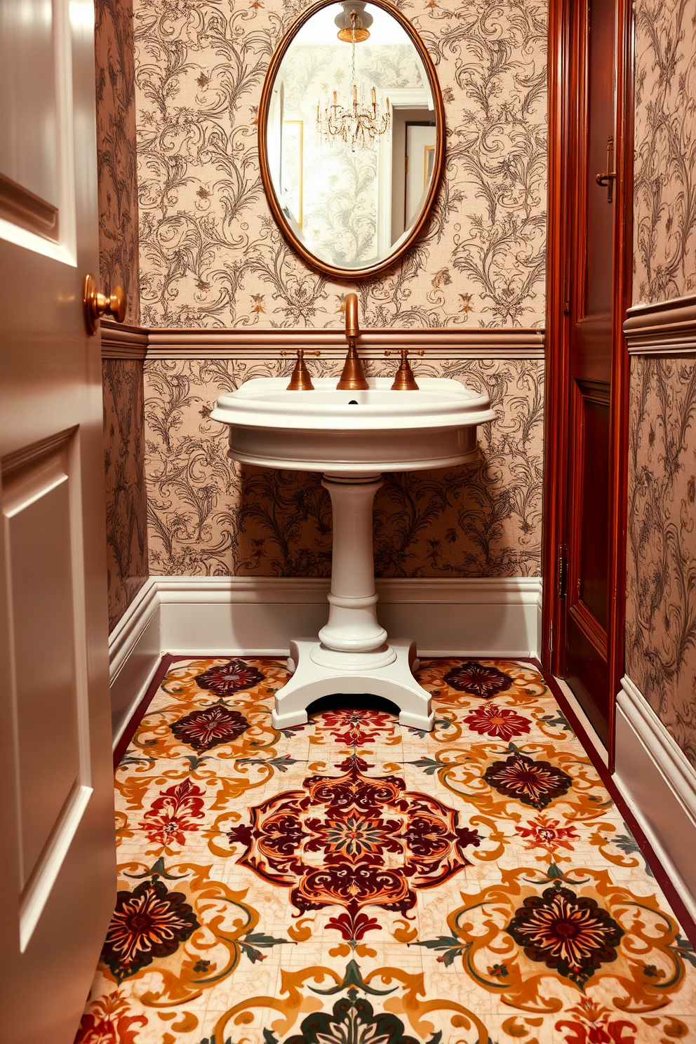 A Victorian powder room featuring artful ceramic tiles on the floor showcasing intricate patterns and rich colors. The walls are adorned with elegant wallpaper, and a vintage pedestal sink with a polished gold faucet stands prominently in the space.