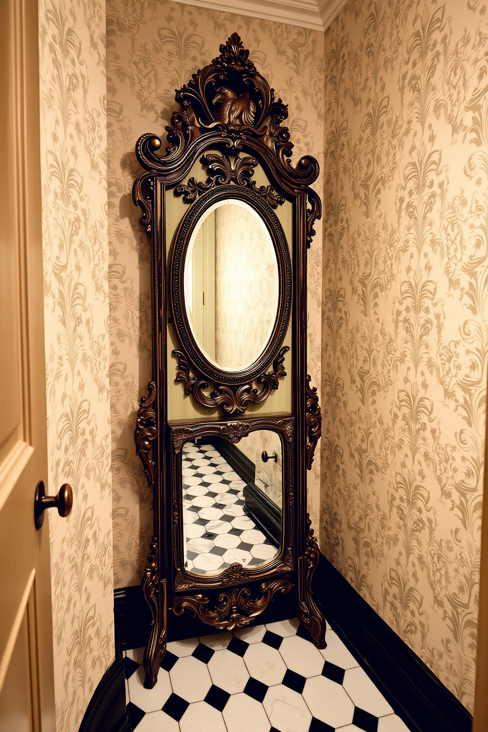 A charming Victorian powder room featuring a freestanding mirror with an ornate vintage frame. The walls are adorned with intricate wallpaper in soft pastel hues, and the floor is tiled with classic black and white patterns.