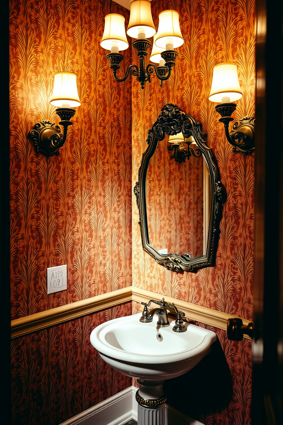 A Victorian powder room featuring elegant sconces that provide soft ambient lighting. The walls are adorned with intricate wallpaper in rich hues, complemented by a vintage-style pedestal sink and ornate mirror.