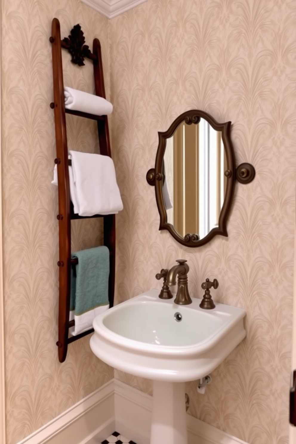 A charming Victorian powder room features a decorative wooden ladder elegantly leaning against the wall, providing stylish towel storage. The room is adorned with intricate wallpaper in soft pastels, complemented by a vintage pedestal sink and ornate fixtures.