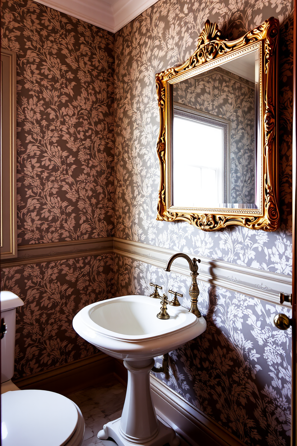 A Victorian powder room featuring intricate wallpaper adorned with delicate floral patterns. The room is accented with a vintage pedestal sink and an ornate gold-framed mirror that enhances the elegance of the space.