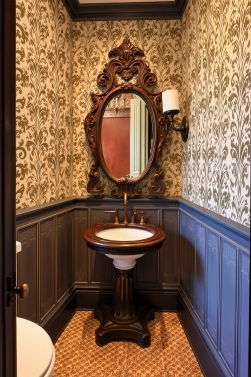 A Victorian powder room features a stunning patterned tile backsplash that adds character and charm to the space. The walls are adorned with elegant wallpaper, and a vintage pedestal sink is complemented by ornate fixtures and a decorative mirror.