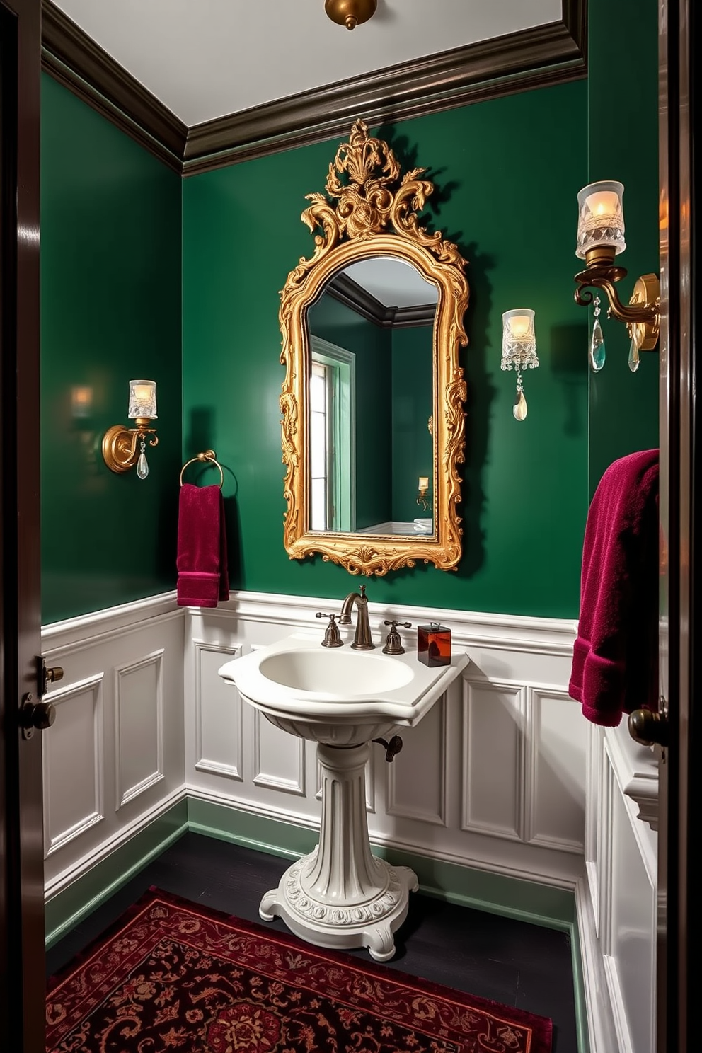 A striking Victorian powder room featuring bold color contrasts. The walls are painted in deep emerald green with white wainscoting, complemented by a lavish gold-framed mirror above an ornate pedestal sink. Rich burgundy accents are introduced through plush towels and a patterned area rug. Elegant sconces with crystal details illuminate the space, enhancing the dramatic atmosphere.