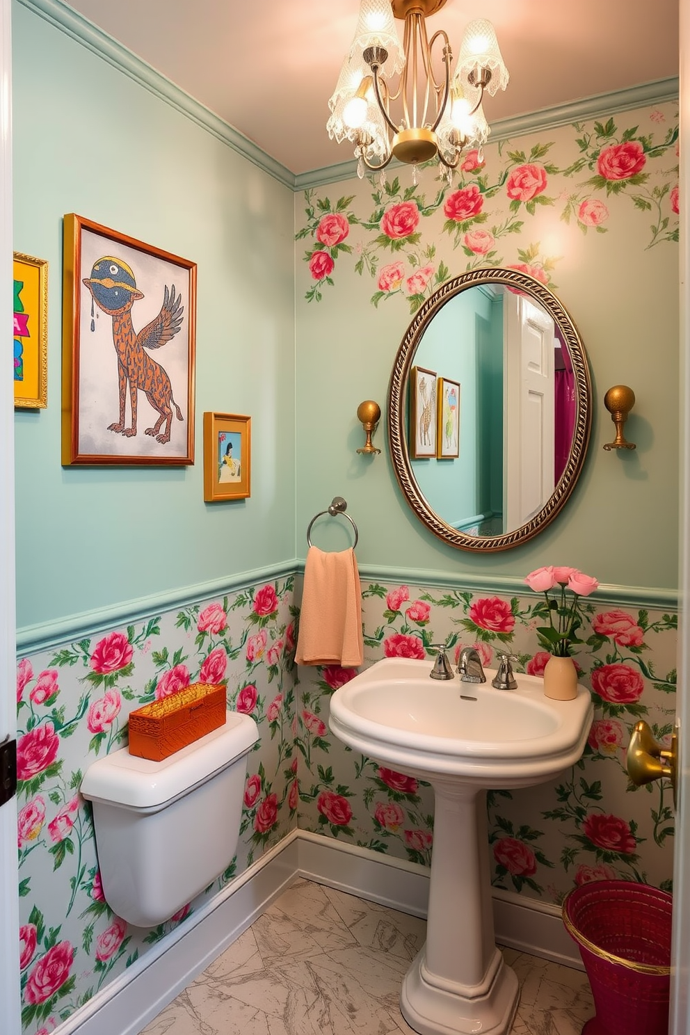 A whimsical powder room featuring playful decor with colorful artwork adorning the walls. The design includes a vintage-style pedestal sink, a charming floral wallpaper, and a quirky chandelier that adds a touch of fun.