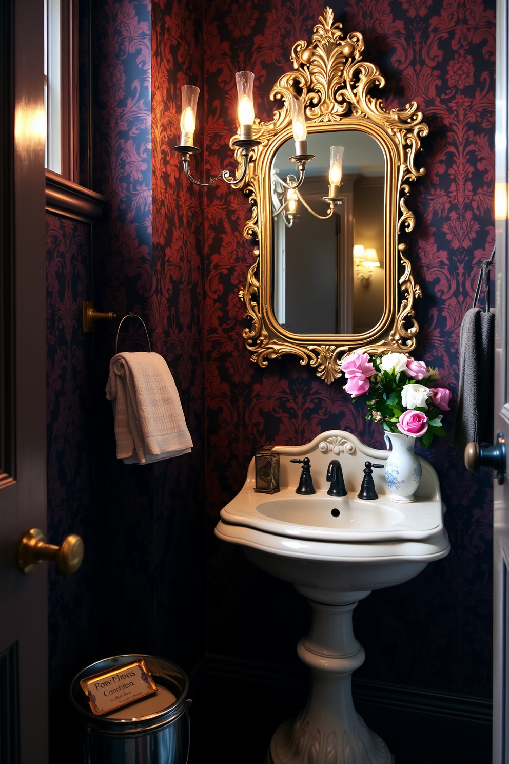 A Victorian powder room adorned with antique accessories that evoke a sense of nostalgia. The space features a vintage pedestal sink with intricate detailing, complemented by a richly patterned wallpaper in deep hues. A gilded mirror with ornate carvings hangs above the sink, reflecting the warm glow of a classic chandelier. Decorative elements such as an antique soap dish and a porcelain vase filled with fresh flowers add to the room's charm.