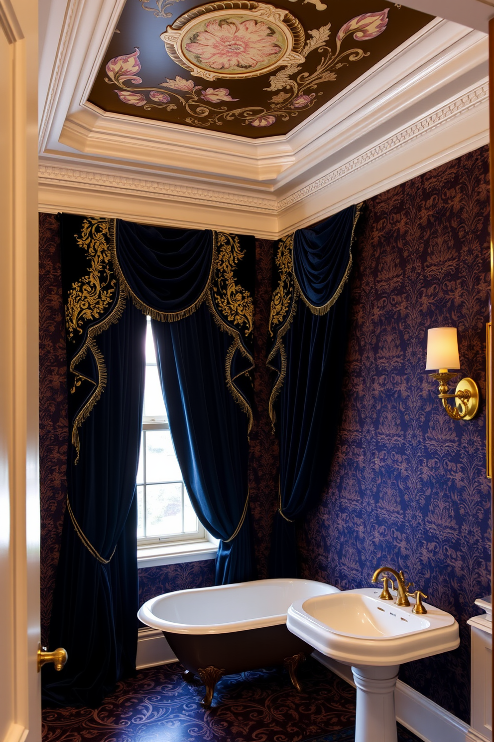 Luxurious drapery cascades elegantly from the ceiling, framing the windows in rich velvet fabric adorned with intricate gold embroidery. The powder room features a vintage clawfoot tub beneath the window, with opulent wallpaper showcasing a classic damask pattern in deep jewel tones.