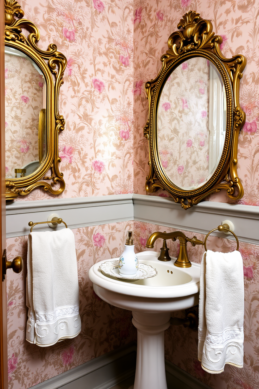 A charming Victorian powder room with intricate wallpaper featuring floral patterns in soft pastel colors. The space includes a vintage pedestal sink with a polished brass faucet and a decorative soap dispenser resting on a delicate porcelain tray. The room is accented with ornate mirrors framed in antique gold, reflecting the elegance of the design. A plush, embroidered hand towel hangs gracefully from a decorative ring near the sink, completing the luxurious atmosphere.