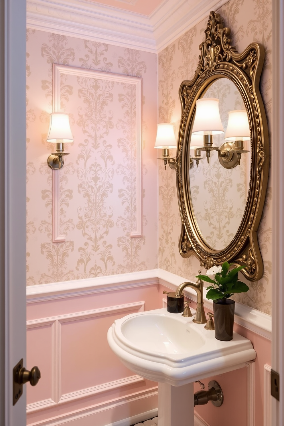 A chic Victorian powder room features elegant wall-mounted faucets that blend modern design with classic elements. The space is adorned with intricate moldings and a vintage-inspired pedestal sink, creating a perfect harmony of old and new. Soft pastel colors dominate the walls, complemented by ornate wallpaper that adds depth and character. A large round mirror with an ornate frame reflects the beauty of the room, while a stylish sconce illuminates the space with a warm glow.