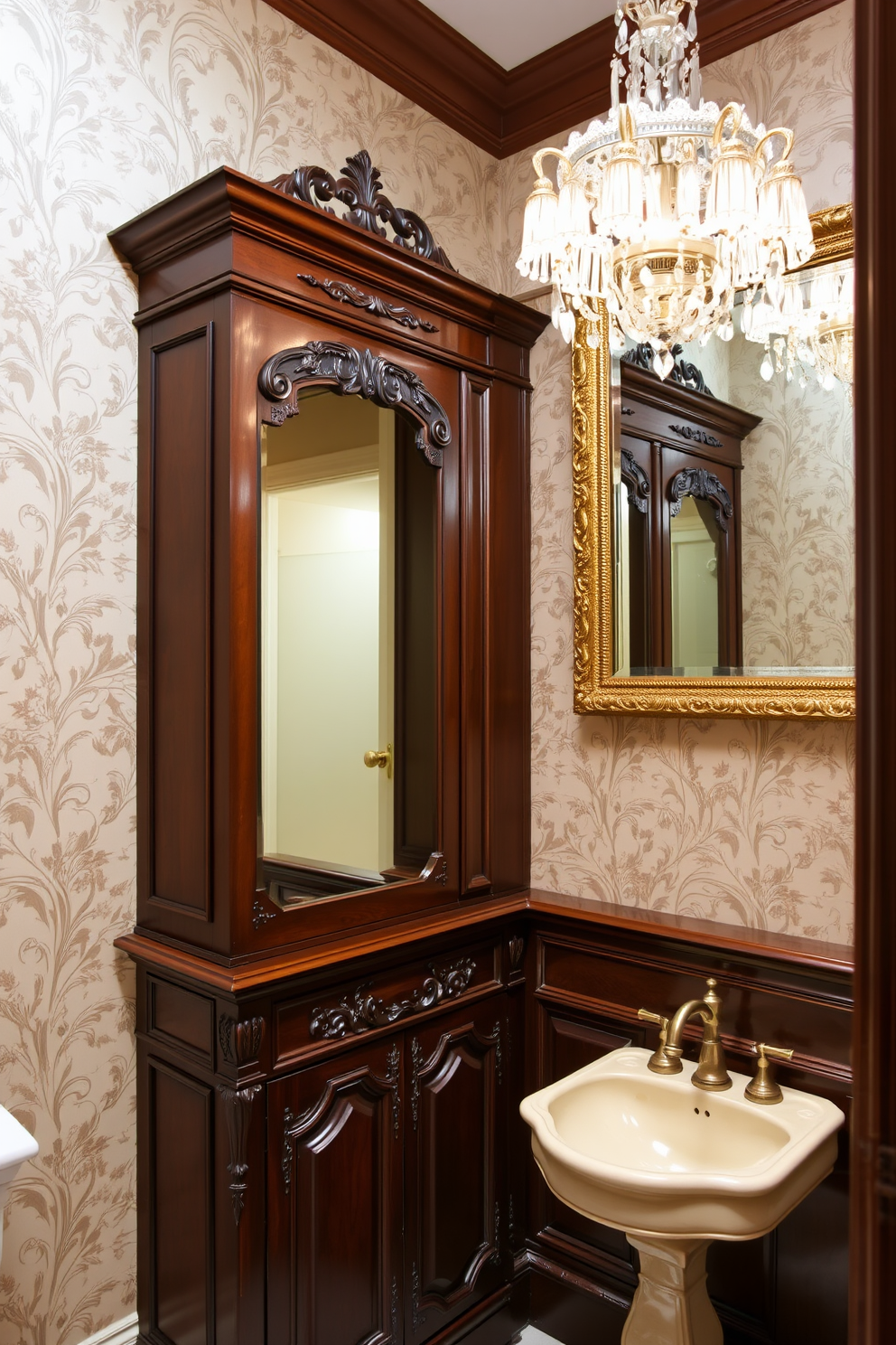 Custom cabinetry with intricate details defines this Victorian powder room. The cabinetry features ornate carvings and a rich mahogany finish, complemented by a vintage-style sink with brass fixtures. The walls are adorned with elegant wallpaper showcasing a floral pattern in muted tones. A large, framed mirror hangs above the sink, reflecting the soft glow of a crystal chandelier overhead.