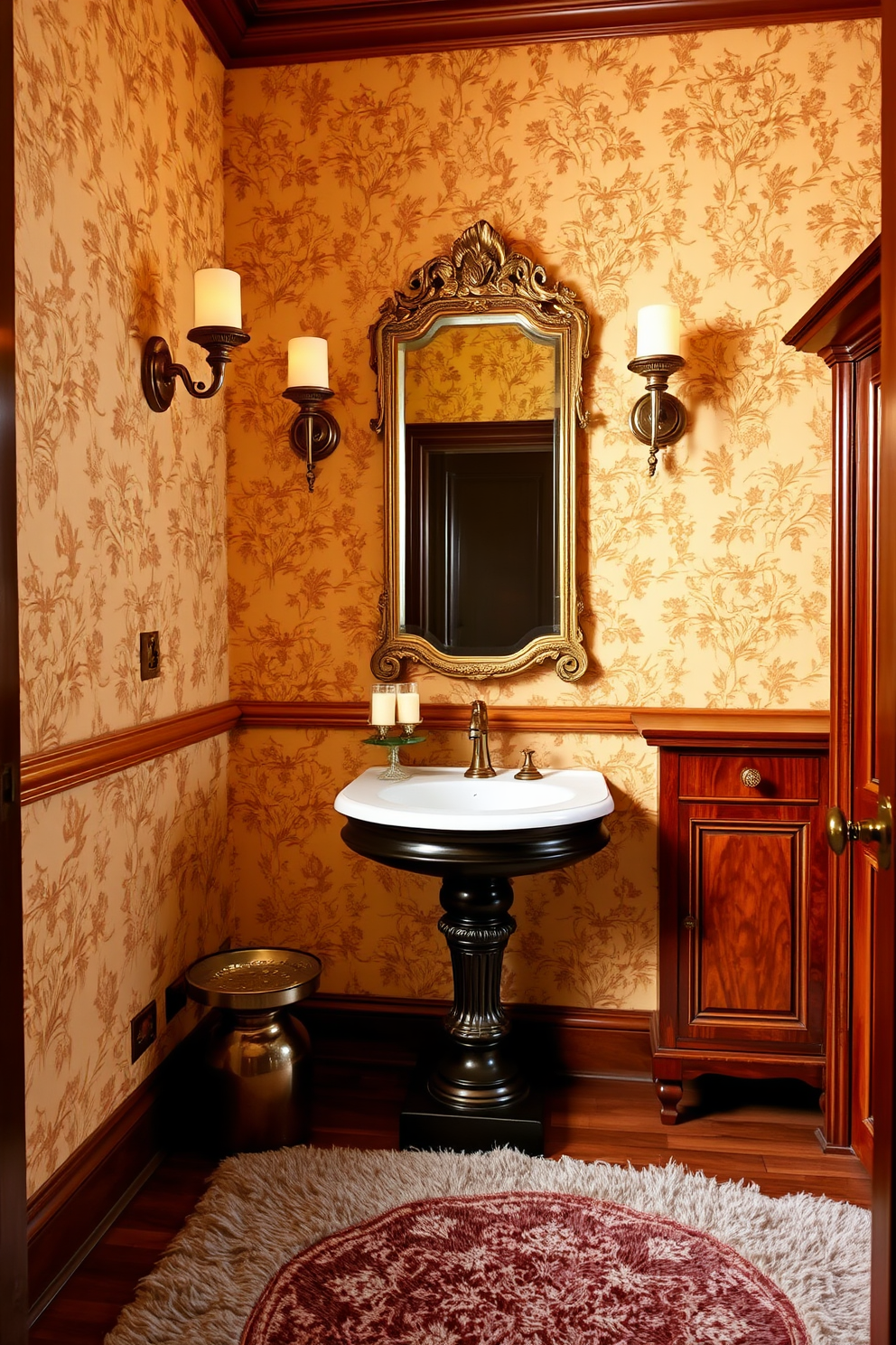 Elegant sconces flanking the mirror create a warm and inviting atmosphere in the Victorian powder room. The walls are adorned with intricate wallpaper featuring floral patterns, while a vintage pedestal sink adds a touch of classic charm. Richly stained wood accents, including a beautifully crafted cabinet, enhance the luxurious feel of the space. A plush area rug in deep hues complements the overall design, providing comfort underfoot.