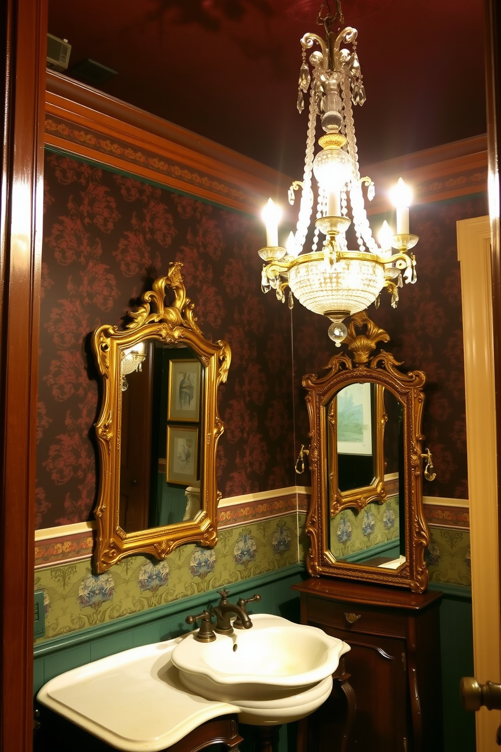 A vintage chandelier hangs elegantly from the ceiling, casting a warm glow over the Victorian powder room. The walls are adorned with rich, deep colors and intricate wallpaper, creating a luxurious and inviting atmosphere. Antique furnishings, including a carved wooden vanity and a classic porcelain sink, add to the room's charm. Ornate mirrors with gilded frames reflect the beauty of the chandelier, enhancing the overall opulence of the space.