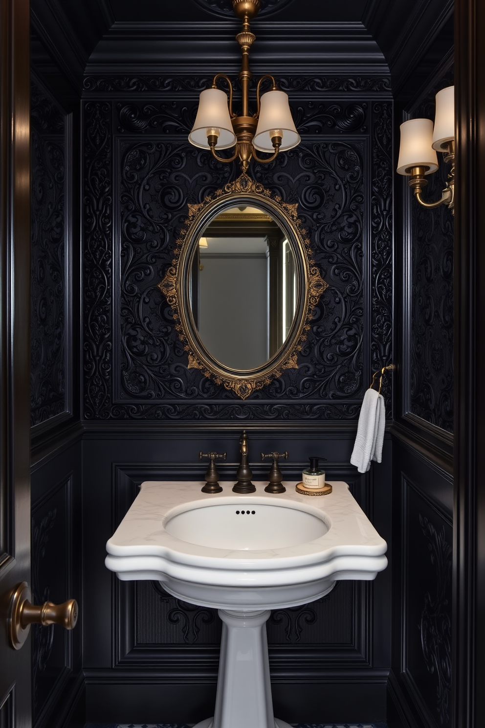 Textured wall panels create a stunning backdrop in a Victorian powder room, enhancing the overall depth and interest of the space. Rich, dark colors combined with intricate moldings and vintage fixtures evoke a sense of timeless elegance and luxury.