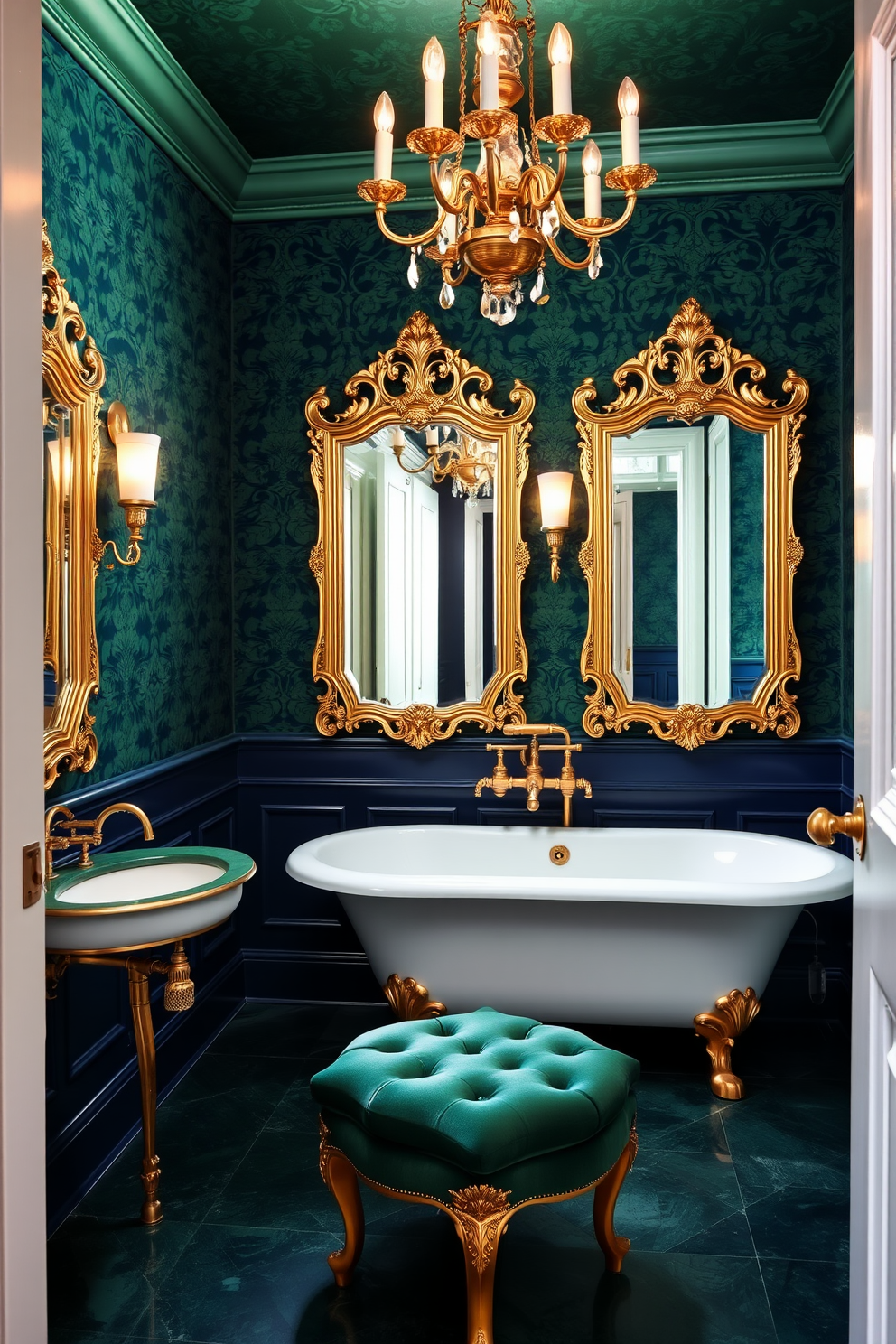 A luxurious powder room featuring rich jewel tones such as emerald green and deep sapphire blue. The walls are adorned with intricate damask wallpaper, and a vintage chandelier hangs from the ceiling, casting a warm glow over the space. A lavish clawfoot bathtub sits against one wall, complemented by a gold freestanding faucet. Ornate mirrors with gilded frames reflect the opulence, while a plush velvet ottoman in a coordinating color provides a stylish seating option.