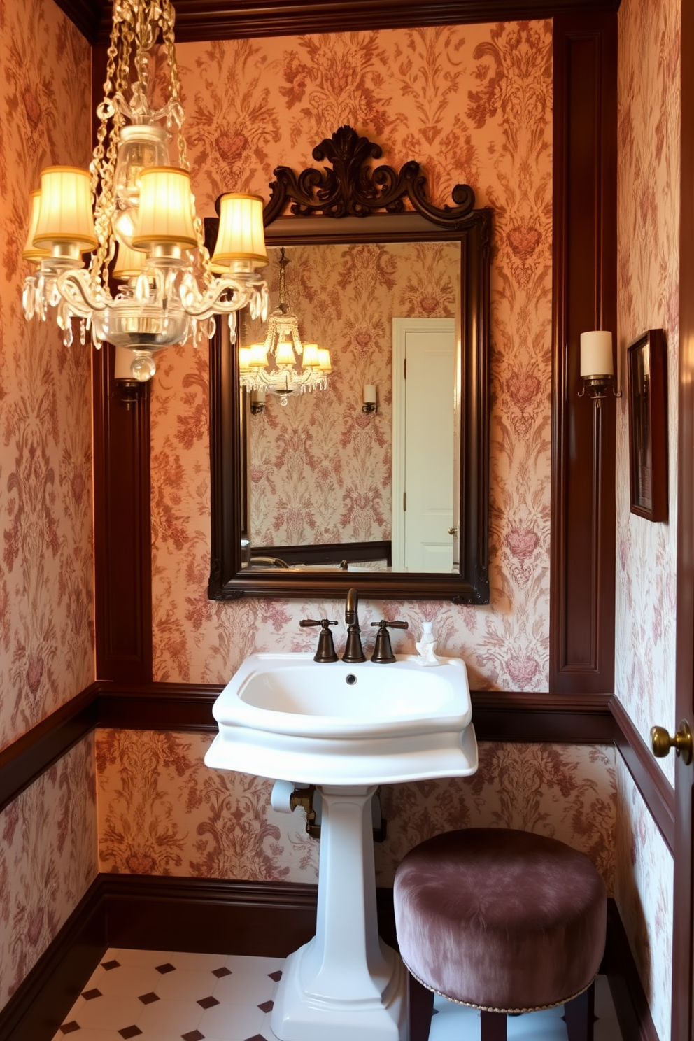 A classic pedestal sink stands elegantly in the center of a Victorian powder room. The walls are adorned with intricate wallpaper featuring floral patterns, complemented by a vintage chandelier that casts a warm glow. Rich dark wood accents frame the large mirror above the sink, enhancing the room's sophistication. A plush velvet stool sits nearby, inviting guests to linger in this charming space.