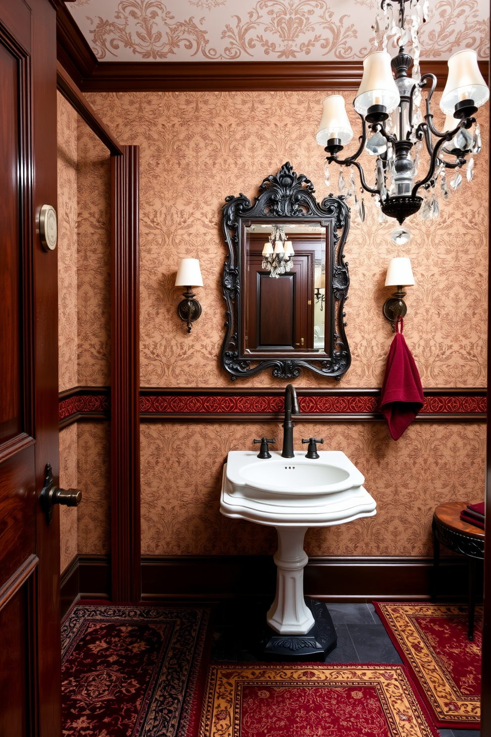 A luxurious Victorian powder room featuring layered rugs that add depth and texture to the space. The walls are adorned with intricate wallpaper patterns, and a vintage pedestal sink takes center stage, complemented by ornate fixtures. Rich, dark wood accents create a warm atmosphere, while an elegant chandelier provides soft lighting overhead. The layered rugs, in varying shades of deep red and gold, enhance the opulence of the room and invite comfort underfoot.