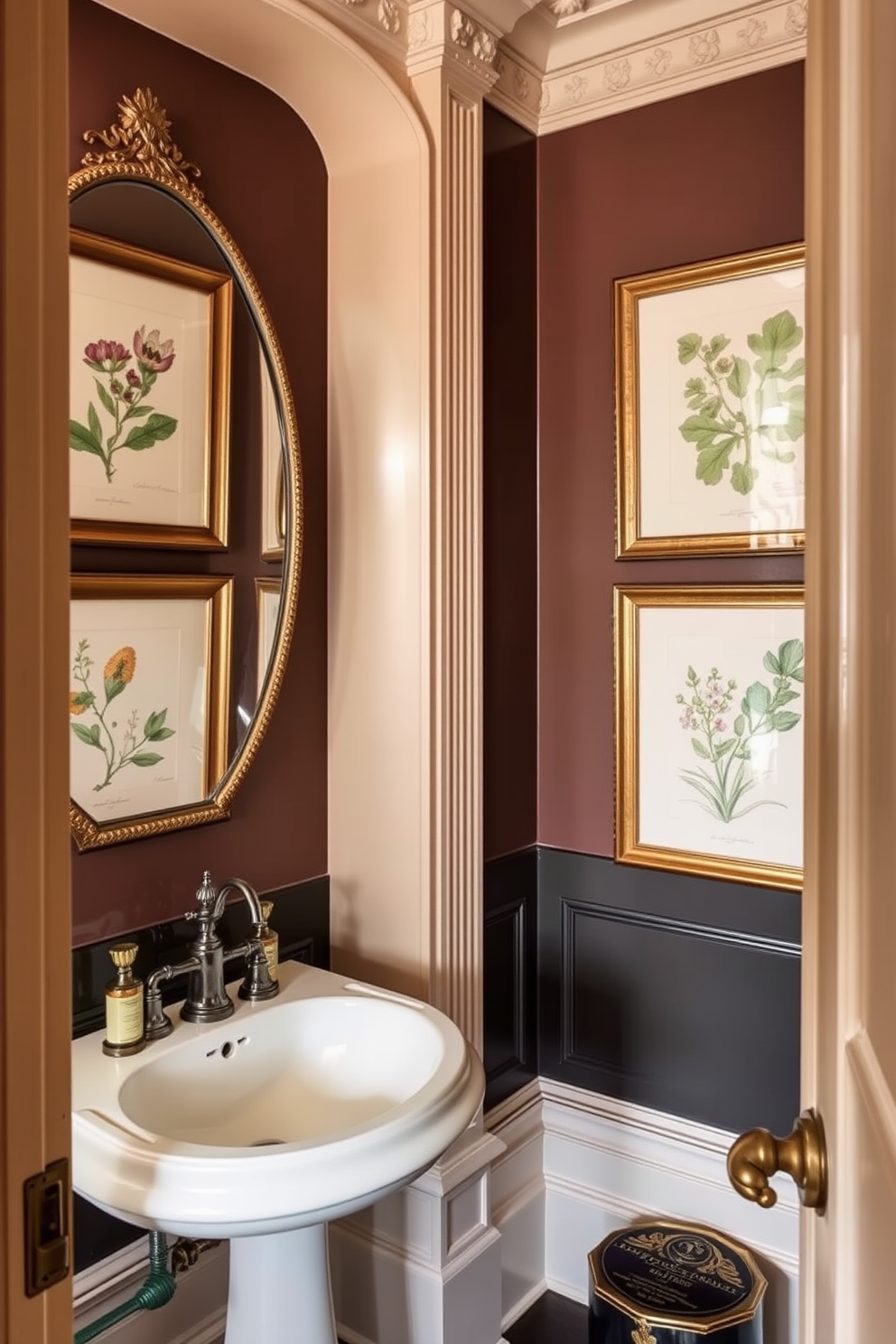 Framed botanical prints adorn the walls of a charming Victorian powder room, adding a touch of nature and elegance. The room features intricate moldings and a vintage pedestal sink, complemented by a rich, deep color palette.