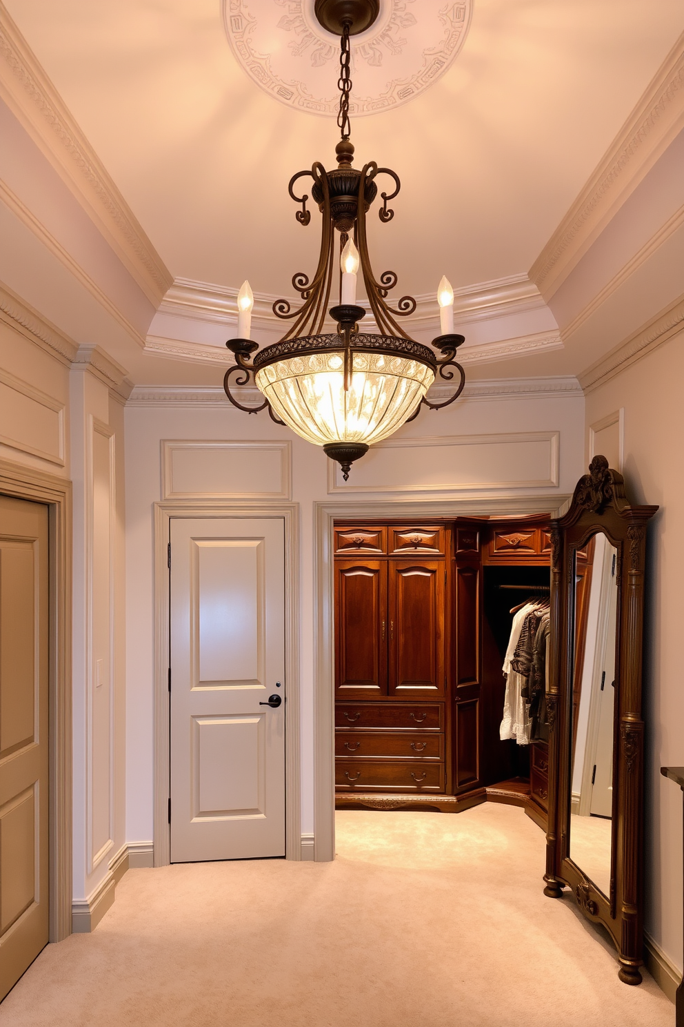 An elegant chandelier with vintage appeal hangs gracefully from the ceiling, casting a warm glow throughout the space. The walls are adorned with intricate moldings, creating a luxurious backdrop for the exquisite lighting fixture. The walk-in closet features rich wooden cabinetry with ornate detailing, providing ample storage for clothing and accessories. Soft, plush carpeting underfoot adds comfort, while a full-length mirror reflects the opulence of the Victorian design.