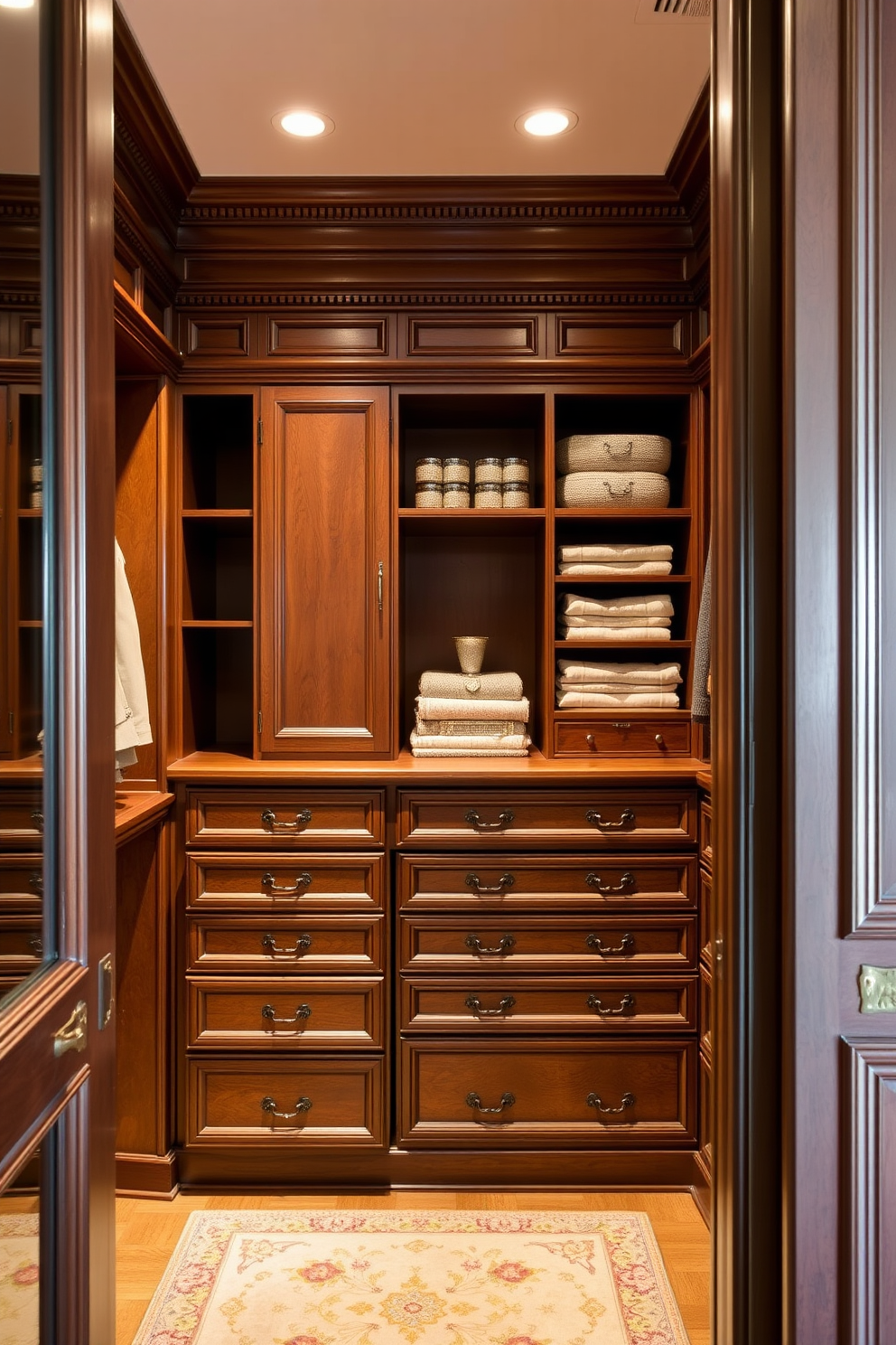 A luxurious Victorian walk-in closet featuring built-in drawers for organized storage. The space is adorned with intricate moldings and rich wood finishes, creating an elegant atmosphere.